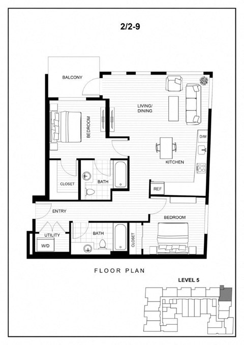 Floor plan for 2 beds, 2 baths, 912 sqft